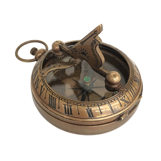 45mm Pocket Sundial Compass in a Wooden Box - Antique Finish